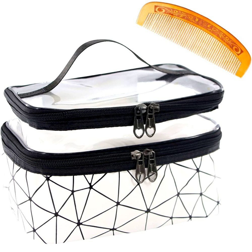 Clear Makeup Bags Double layer Travel Cosmetic Cases with 1PC Comb Make up bag